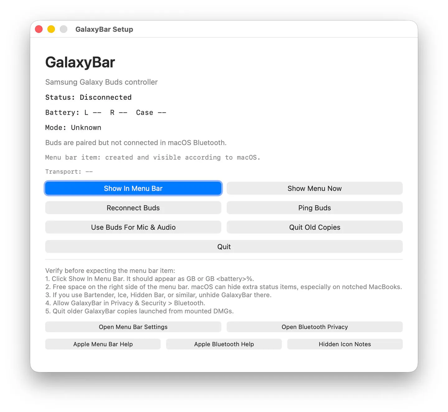 GalaxyBar setup interface
